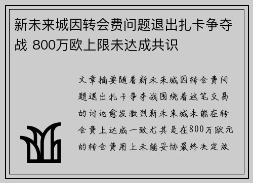 新未来城因转会费问题退出扎卡争夺战 800万欧上限未达成共识