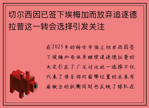 切尔西因已签下埃梅加而放弃追逐德拉普这一转会选择引发关注